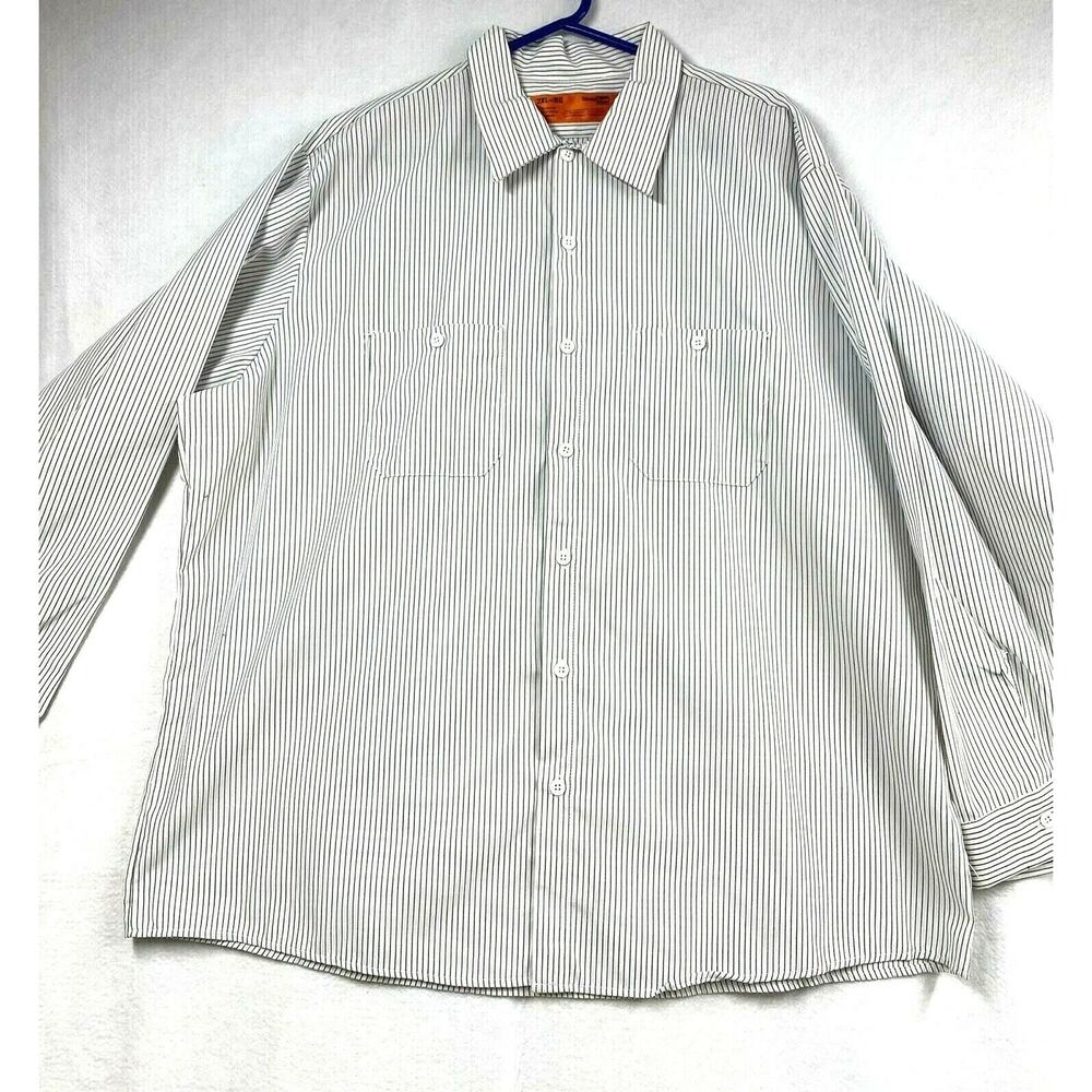 Cornerstone Mens 2XL Button Front Shirt White Blue Stripe Long Sleeve Pocket